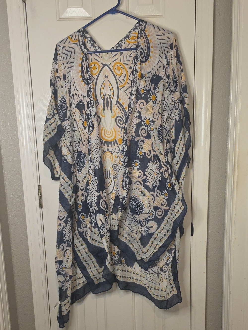 Navy & Mustard Printed Sheer Kimono Cover-Up